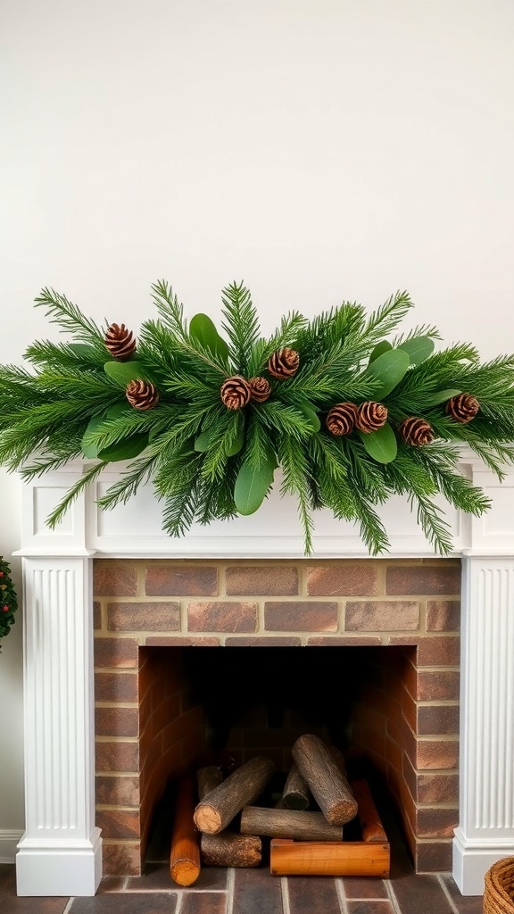 A fresh greenery garland with pinecones draped over a fireplace mantel.