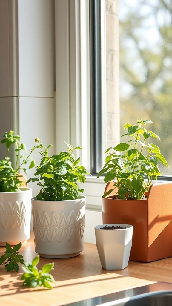 Fresh herb planters on a kitchen windowsill with vibrant green leaves.