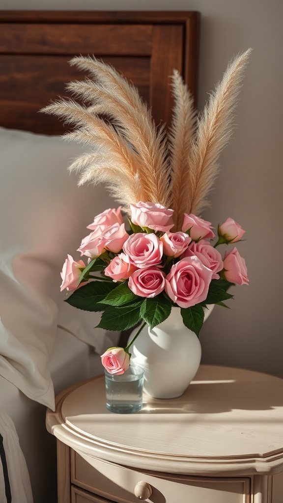 A vase with pink roses and pampas grass on a nightstand