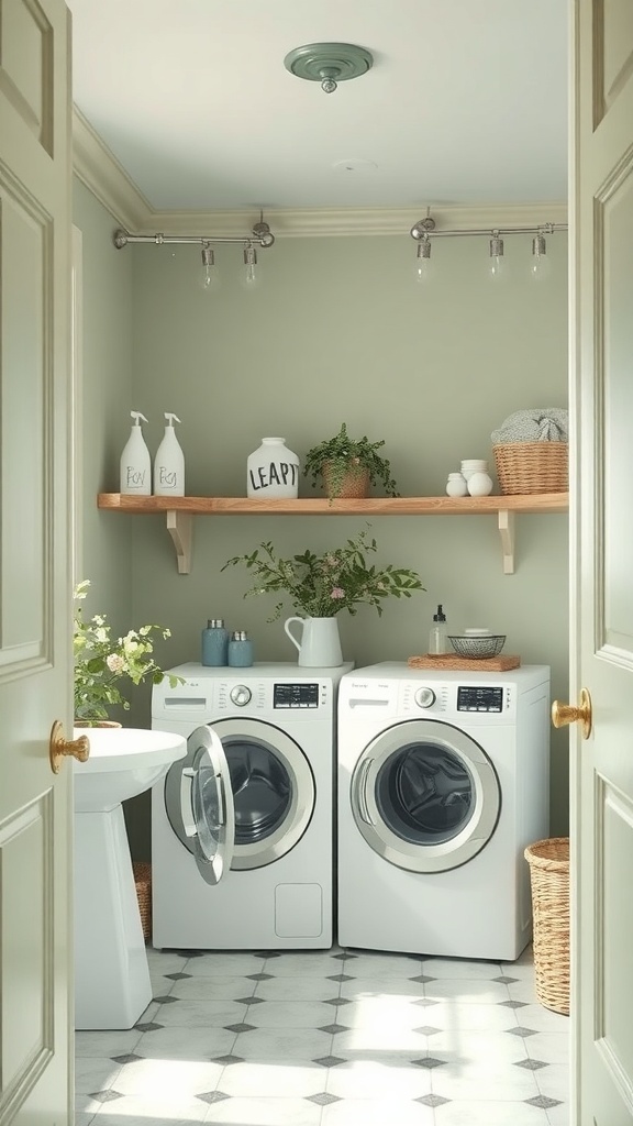 A serene laundry room with sage green walls, wooden shelf, and modern appliances.