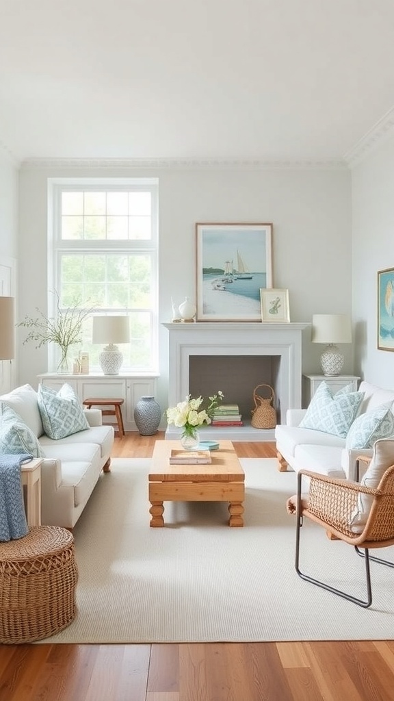 A living room featuring fresh white walls, duck egg blue accents, and natural wood furniture.