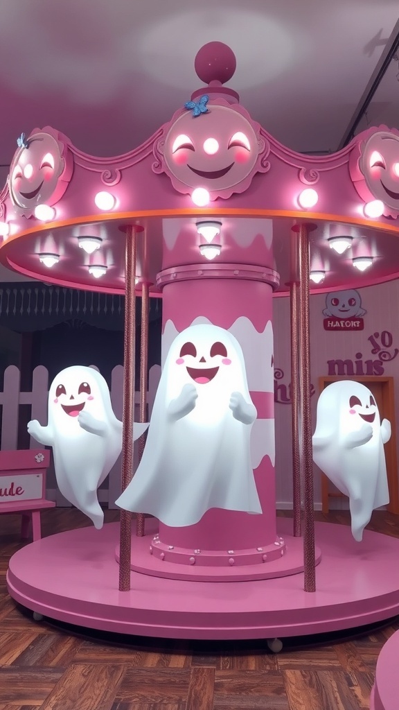 A colorful ghost carousel with smiling ghost figures, designed for a friendly Halloween play area.