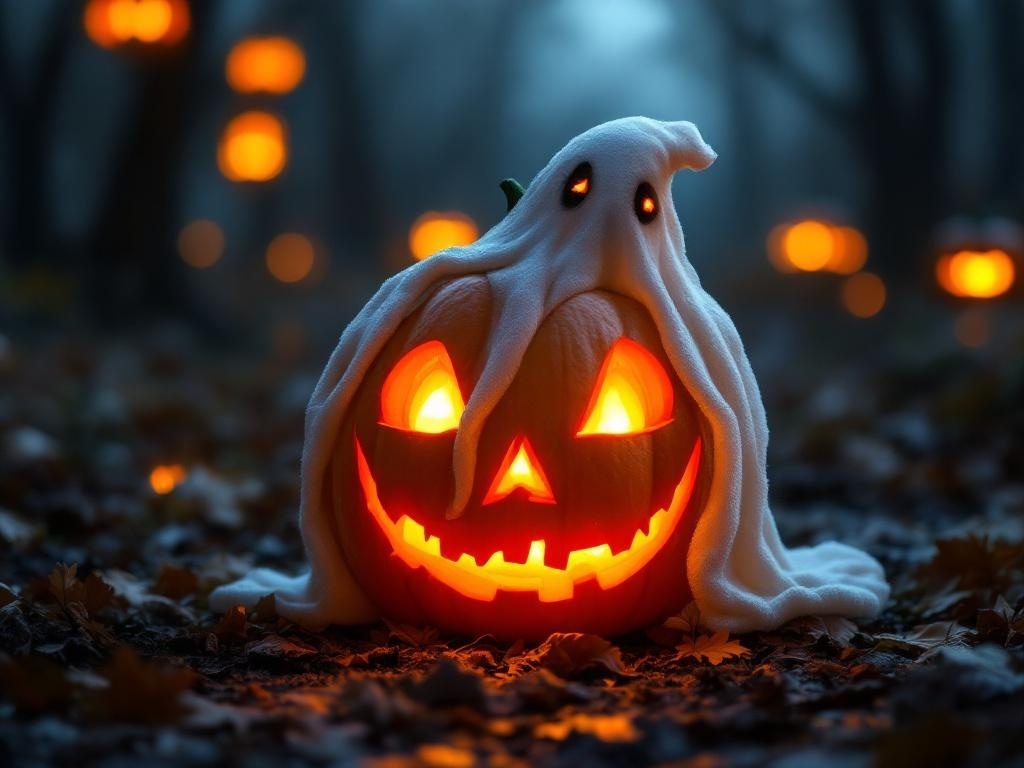 A carved pumpkin with a friendly ghost design, glowing warmly in a dark setting.