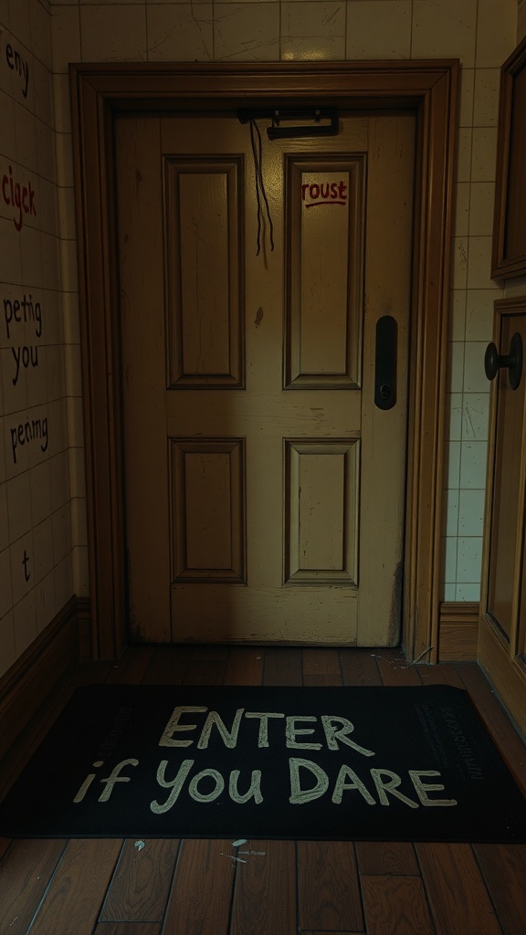 A spooky entry mat with the text 'ENTER if You Dare' in front of a door.