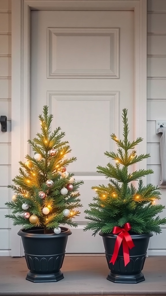 Two mini Christmas trees in black pots, decorated with lights and ornaments, placed on a porch.