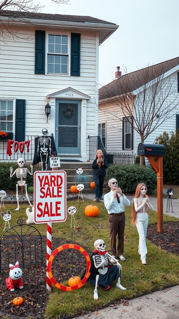 A front yard decorated with skeletons and pumpkins, featuring a yard sale sign.