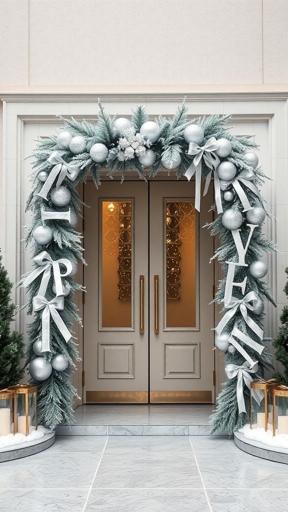 An elegant entryway decorated with a frosted garland featuring silver ornaments and bows, flanking a pair of doors.