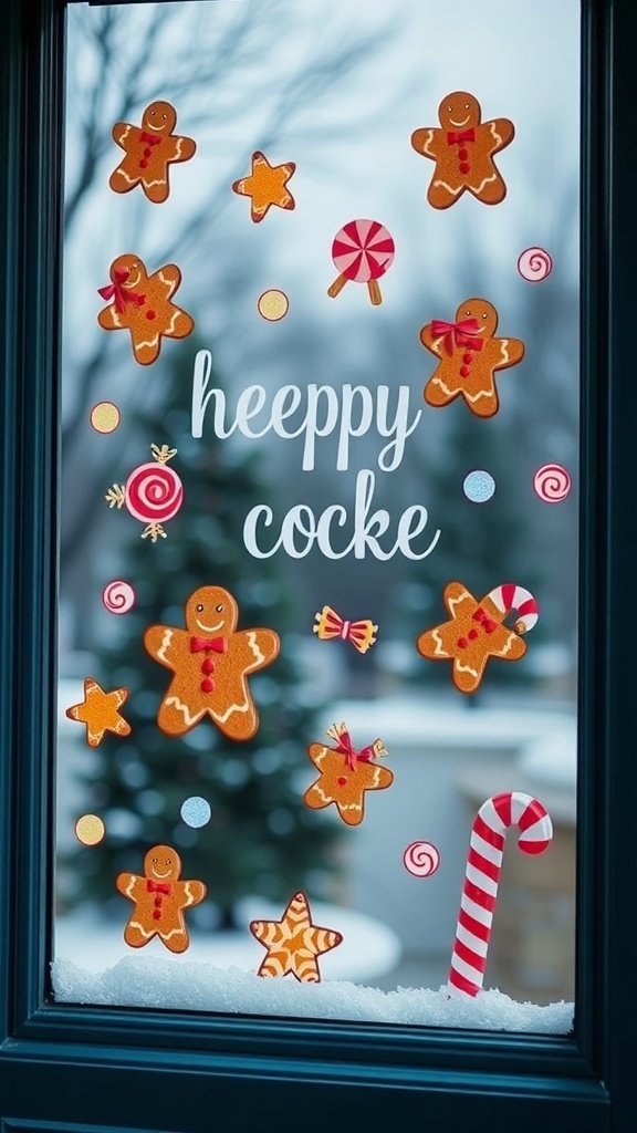 Colorful frosted gingerbread window clings featuring gingerbread men, candy canes, and festive decorations on a snowy window.