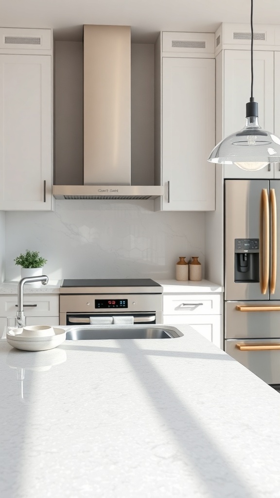 A modern kitchen featuring frosted ice chips countertops, stainless steel appliances, and white cabinetry.