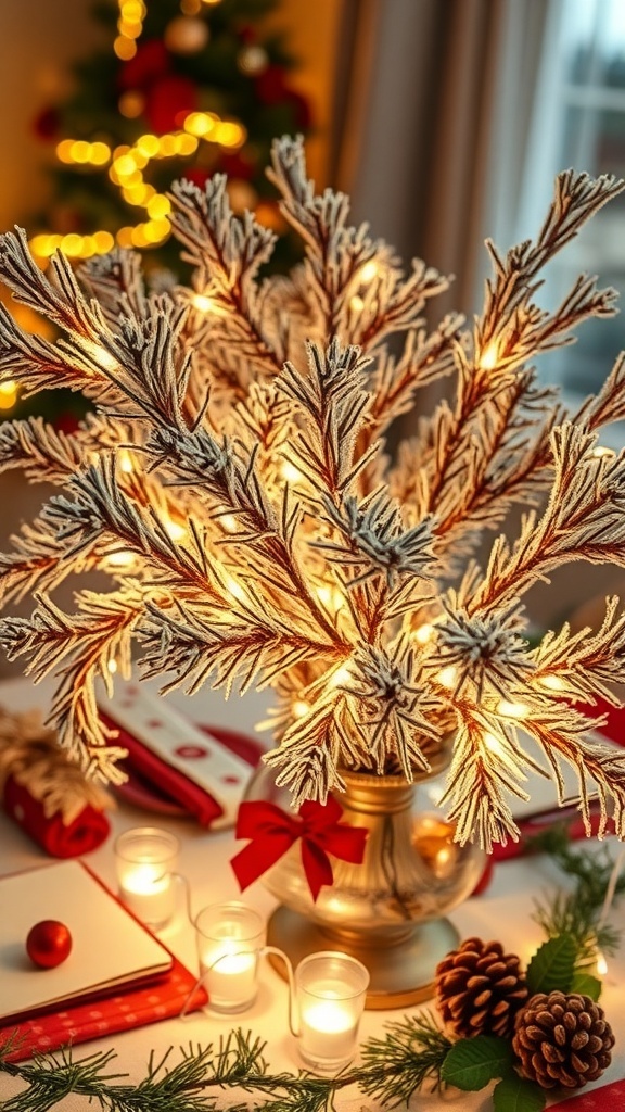 A festive table centerpiece featuring frosted pine branches with lights, surrounded by candles and pinecones.
