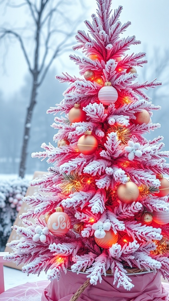 A frosted pink Christmas tree decorated with gold and pink ornaments, glowing lights, and surrounded by a snowy landscape.