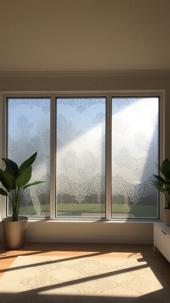 Large windows with frosted film featuring a delicate pattern, potted plants, and warm sunlight.