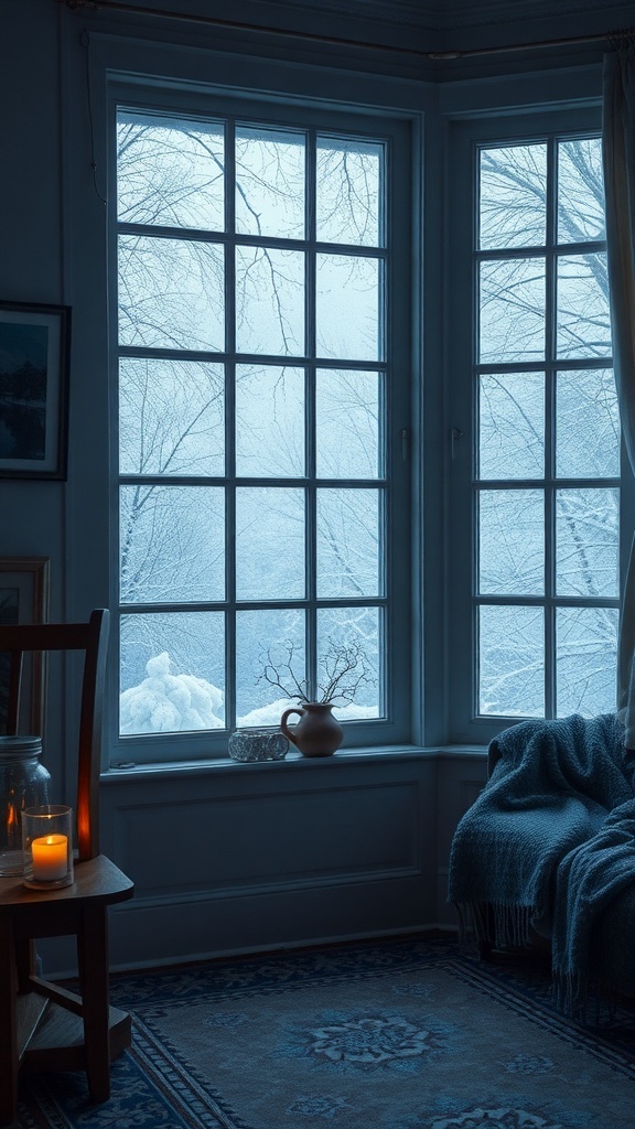 A cozy room with frosted windowpanes, a candle on a table, and a soft blanket draped over a chair.