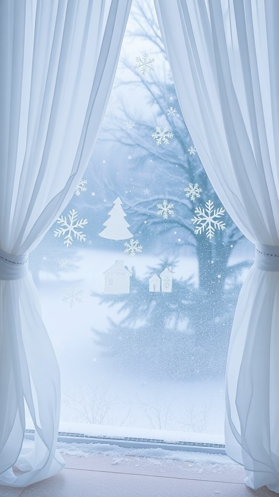 A window with frosted decorations and white drapery, showcasing a winter scene.