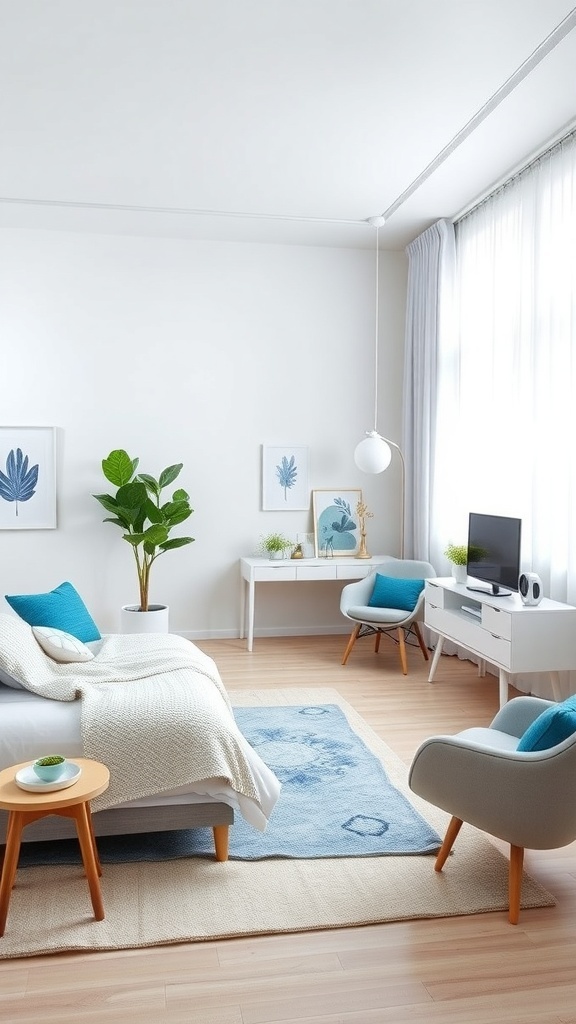 A bright bedroom featuring Frostine White walls, light wood flooring, and blue accents.