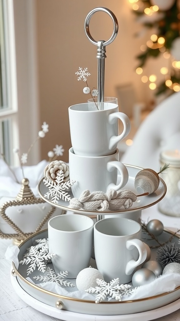 A tiered tray decorated in a frosty winter white theme with white mugs, snowflakes, and silver ornaments.