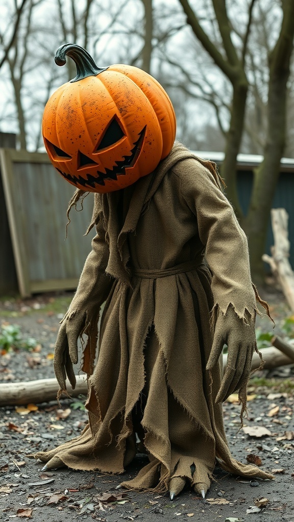 Full-body swamp monster display with a pumpkin head and tattered clothing