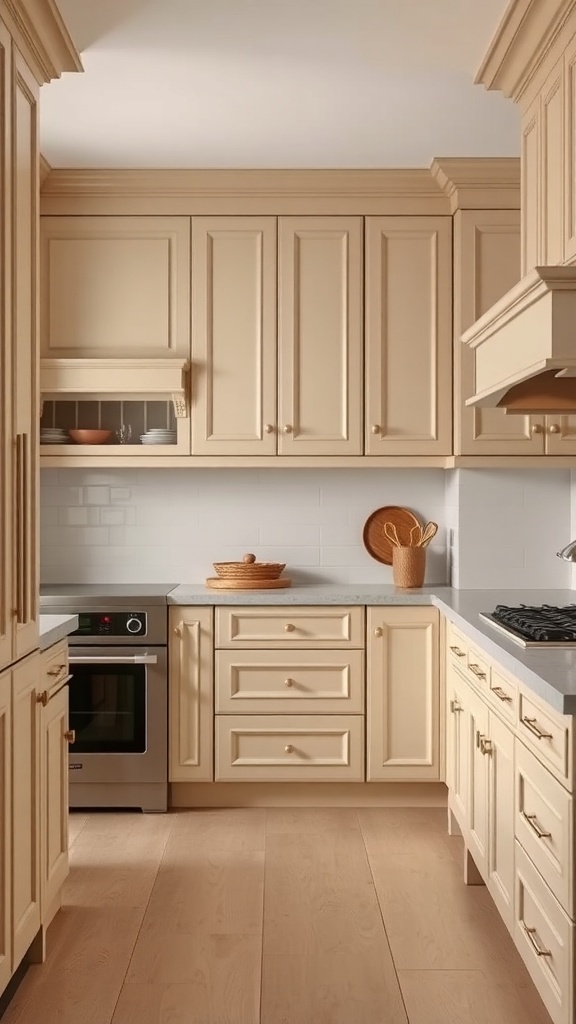 A cozy kitchen featuring cashmere-colored cabinets and light countertops.