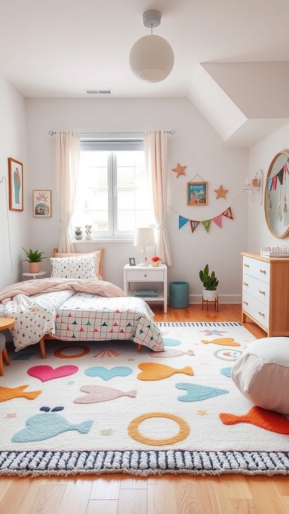 A bright area rug with colorful fish and hearts in a girl's bedroom.