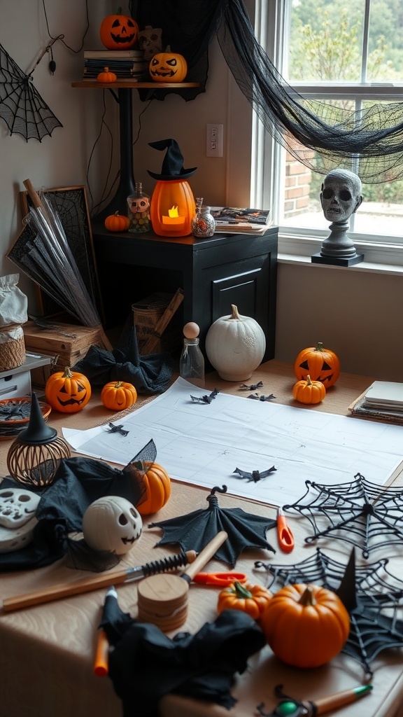 DIY Halloween decoration workspace with pumpkins, skulls, and crafting supplies.