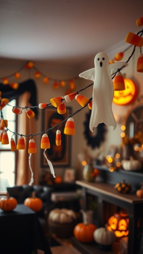 Halloween garland featuring candy corn and a ghost decoration.