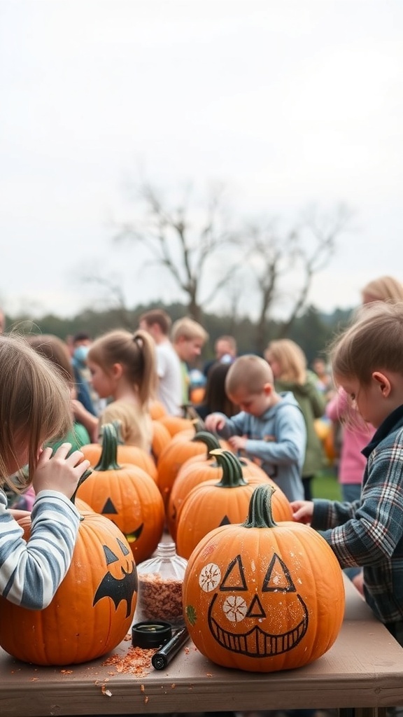Children painting pumpkins at a table during a Thanksgiving activity.