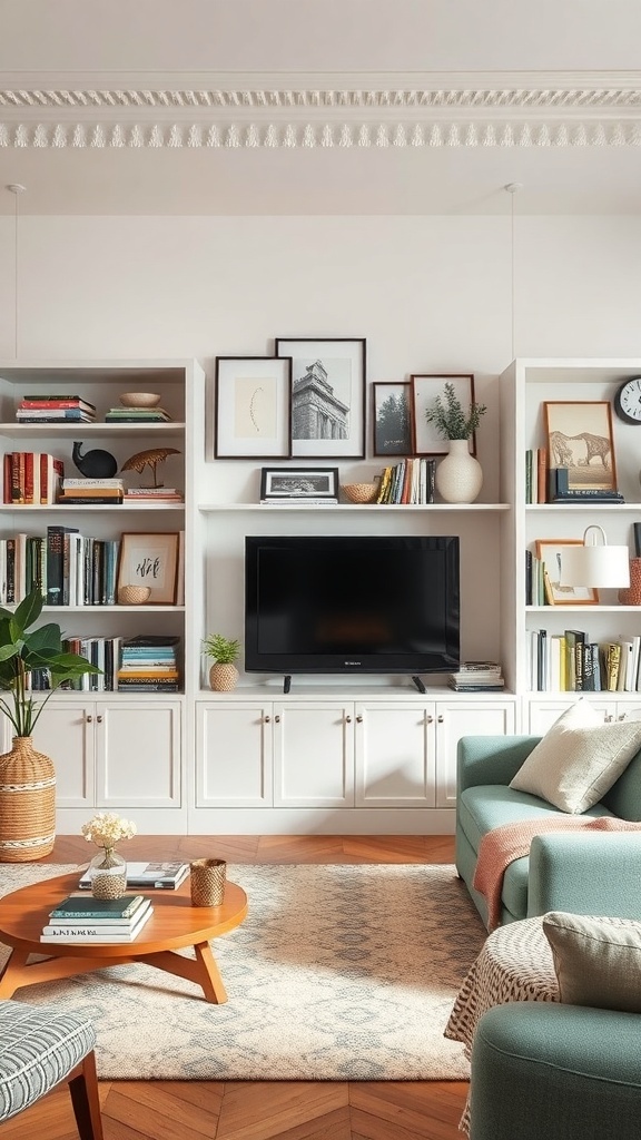 A warm living room with stylish shelving, featuring books, decorative items, and plants.