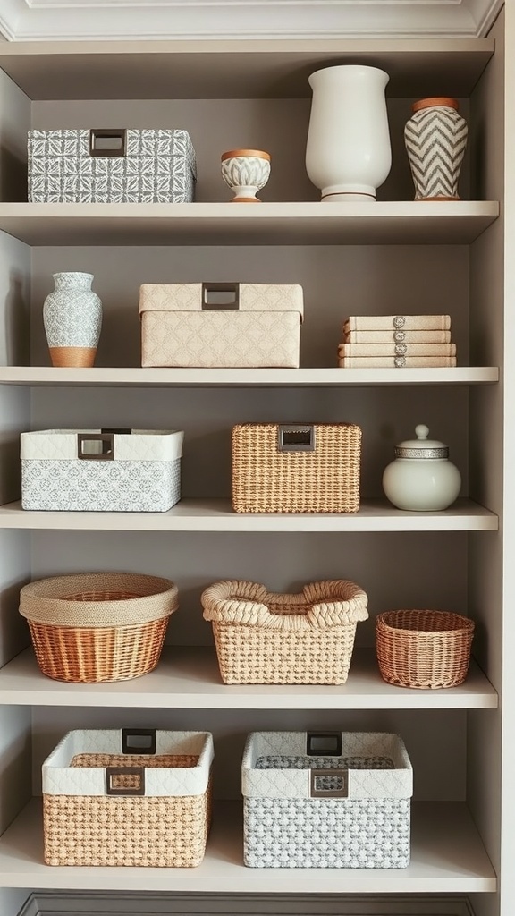 A stylish shelf with various decorative storage baskets, vases, and books arranged neatly.