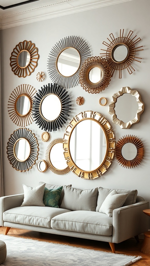 A wall decorated with various decorative mirrors in different shapes and sizes, enhancing the living room's aesthetic.