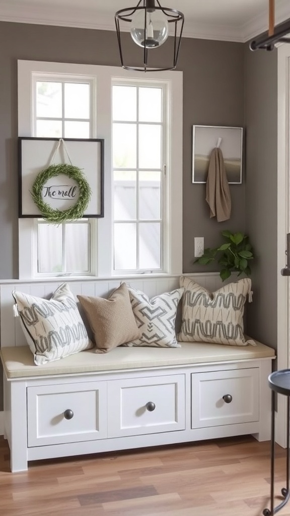 A cozy entryway bench with hidden storage and decorative pillows.