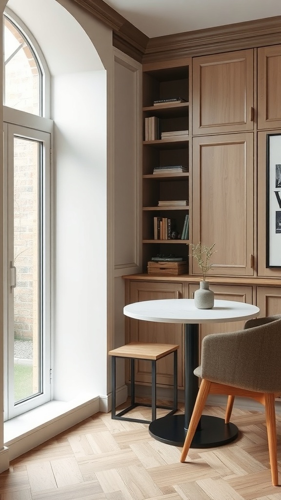 A cozy dining corner featuring a round table, a stylish chair, and built-in storage with shelves and cabinets, illuminated by natural light from a nearby window.