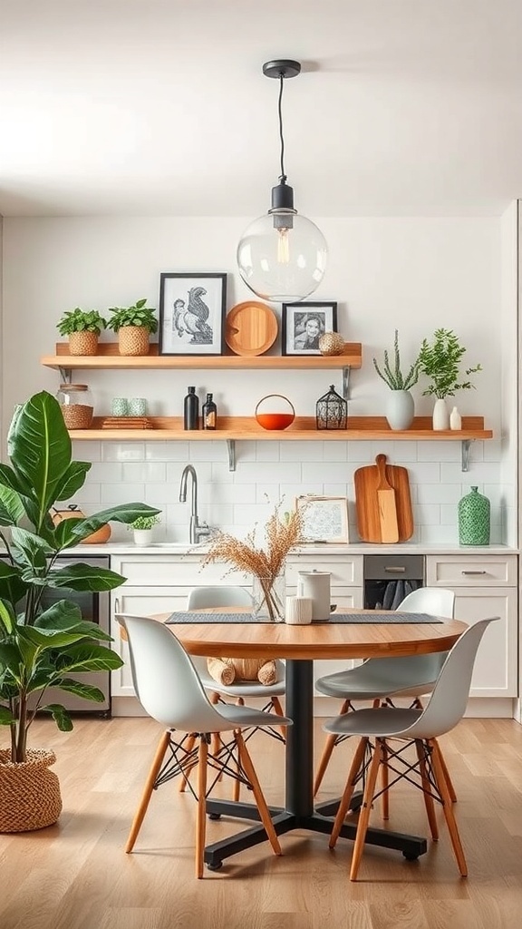 A modern kitchen-dining area featuring a round wooden table, soft chairs, open shelving with plants and decor, and a stylish pendant light.