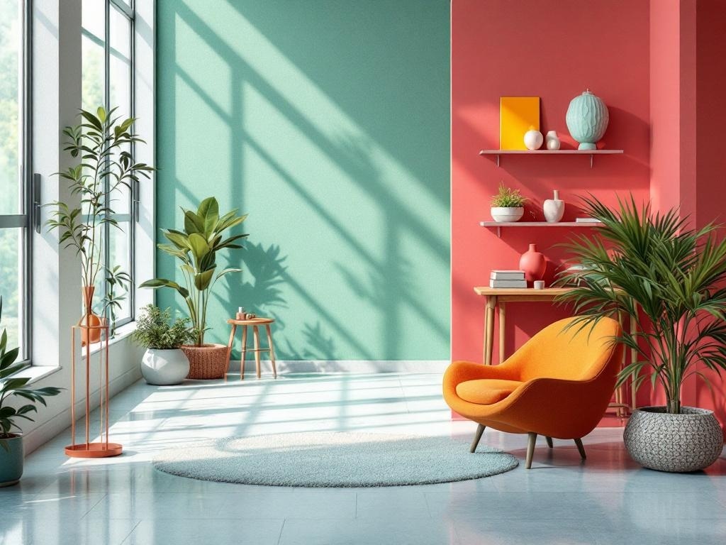 A bright and colorful interior featuring a bubblegum pink ceiling, green walls, an orange chair, and various plants.