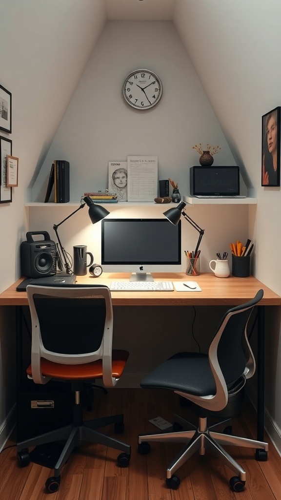 A cozy triangle nook workspace featuring a wooden desk, two chairs, a clock, and decorative items on the wall.