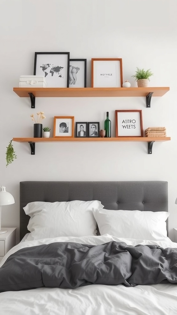Display shelves above a bed with framed photos and decorative items.