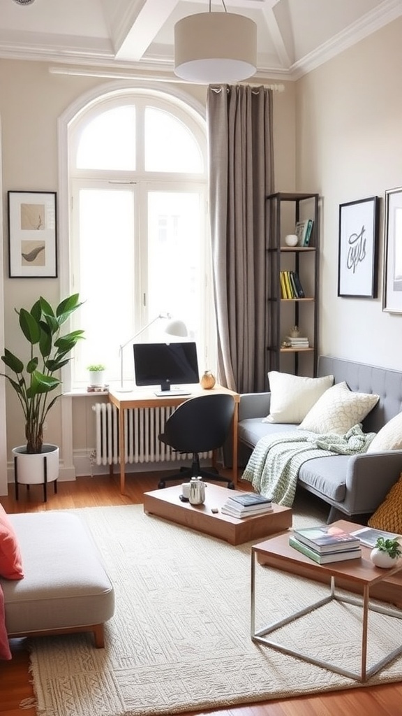 A stylish home office with a gray sofa, desk, and natural light.