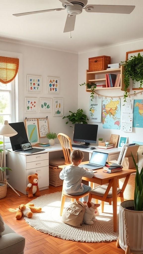 A bright and inviting home office with a child working at a desk, surrounded by plants and colorful decor.