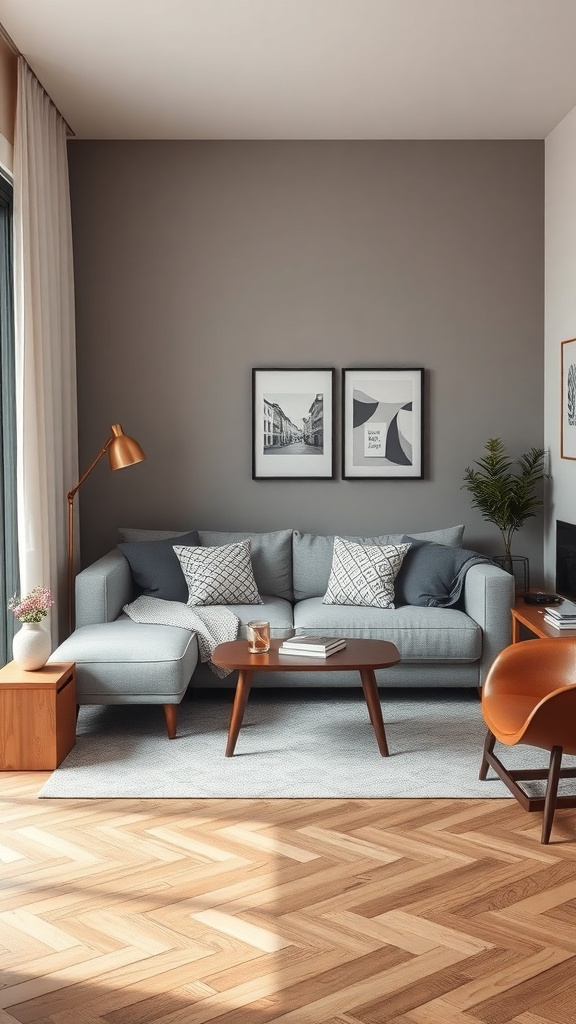A cozy small living room featuring a light gray couch, wooden coffee table, and decorative elements.
