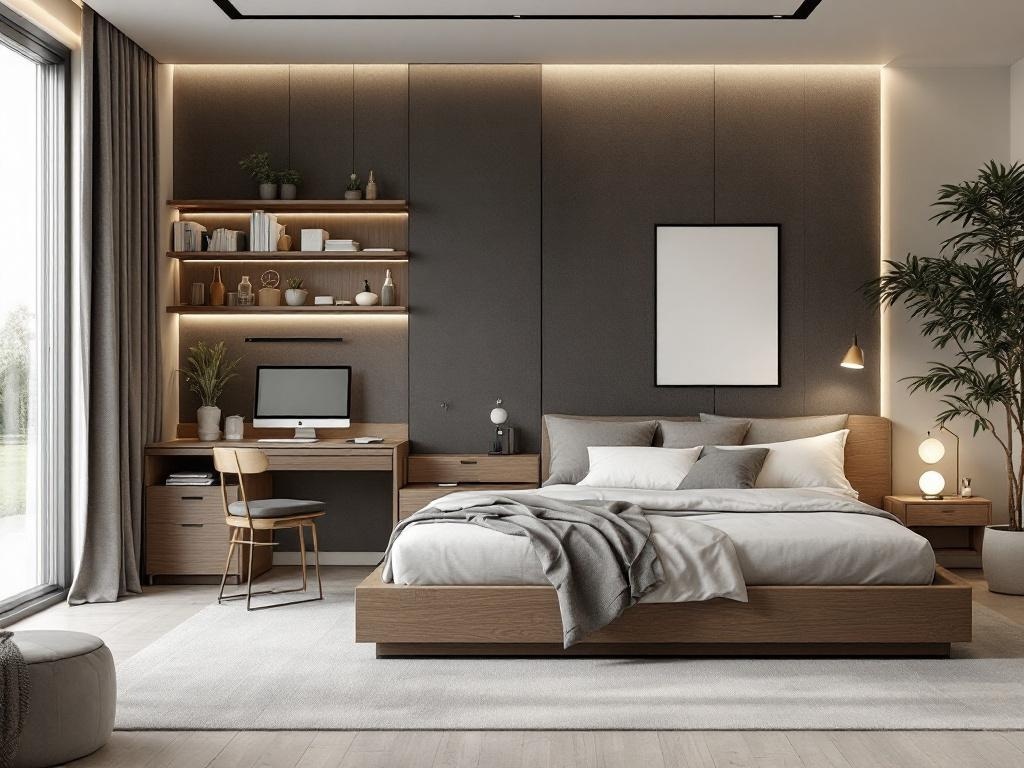 A modern cozy bedroom featuring a bed, desk, and warm lighting.