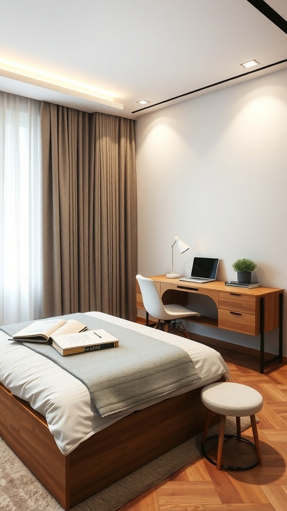 A modern bedroom featuring a wooden bed, a desk with a chair, and a small stool, all in a bright and airy setting.