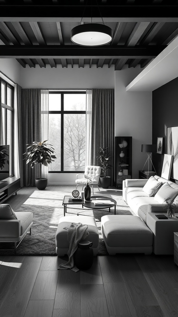 A black and white minimalist living room featuring functional furniture and a clutter-free design.