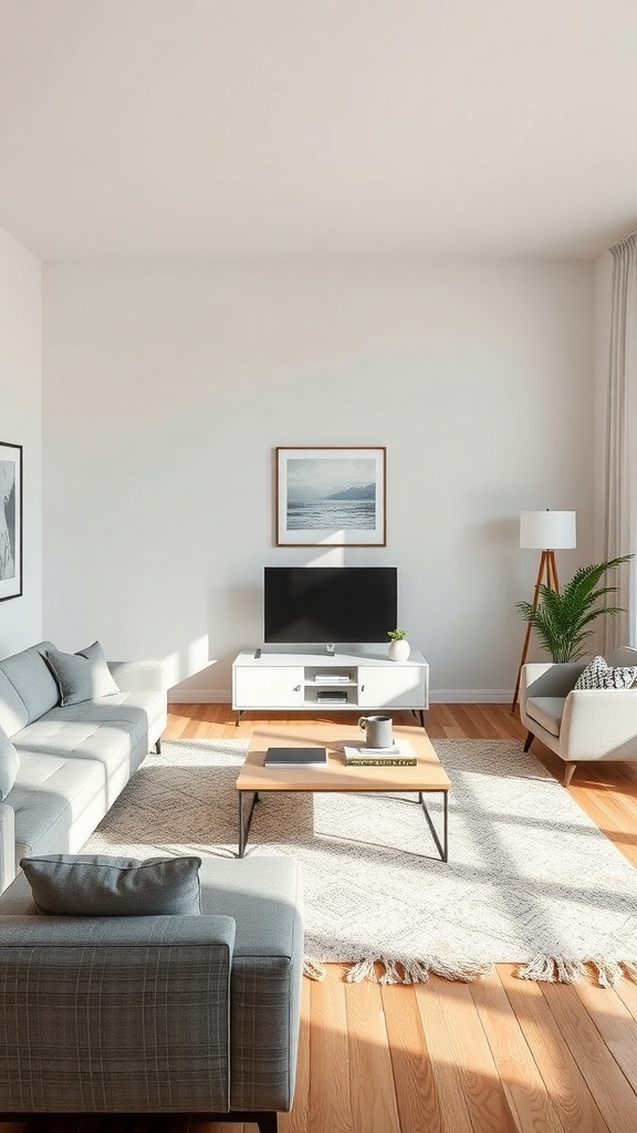 A functional I-shaped living room layout with a sofa, armchair, coffee table, and TV unit.