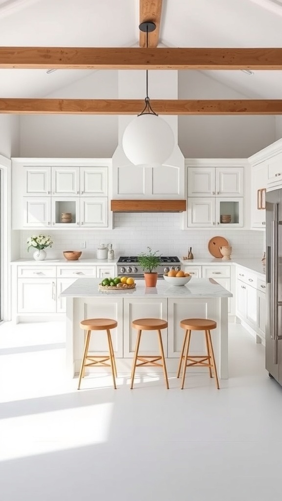 A bright white kitchen with a functional island, featuring a marble countertop and wooden stools.