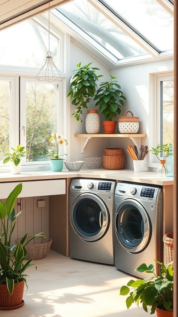 Bright and airy laundry room with modern appliances and potted plants