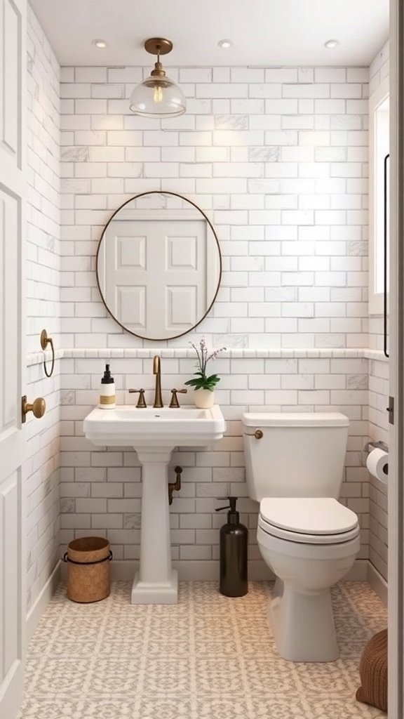 A small, stylish bathroom featuring a pedestal sink, round mirror, and decorative flooring.