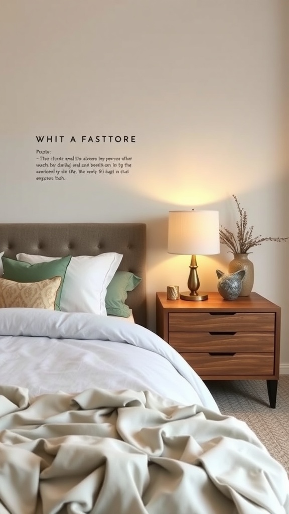 A stylish wooden nightstand with a lamp and decorative vase next to a bed with layered bedding.