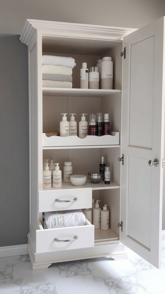 A modern bathroom cabinet featuring pull-out drawers and adjustable shelves, neatly organized with toiletries and towels.