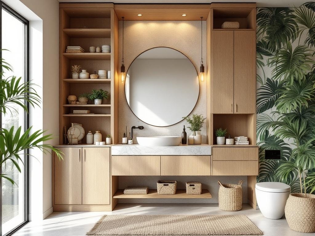 Modern tropical bathroom with leaf wallpaper, floating vanity, and functional storage