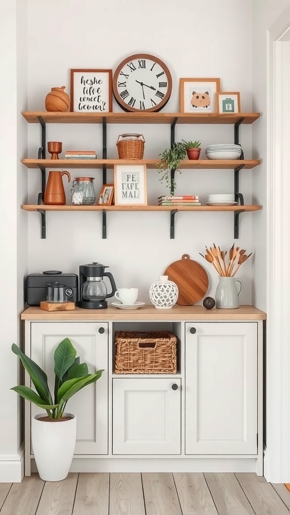 Cozy farmhouse coffee corner with wooden shelves and white cabinet, featuring coffee essentials and decorative items.