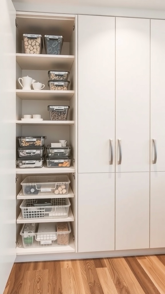 Organized cabinet with soft matte blue cabinetry and clear storage bins